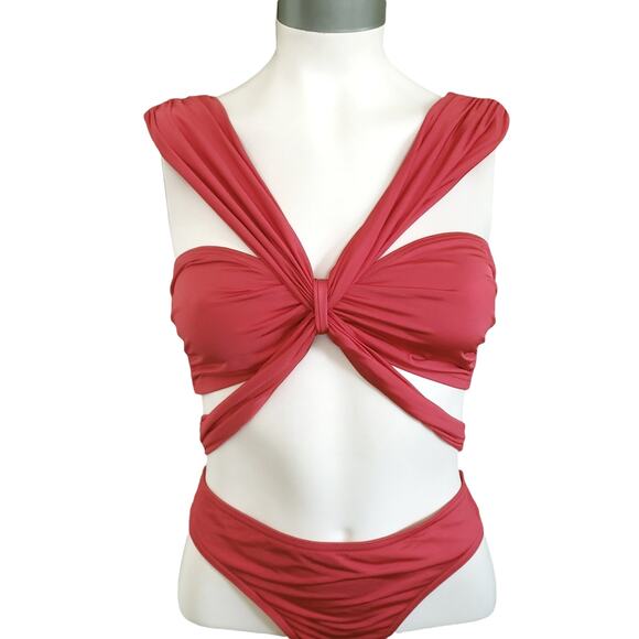 ASOS Swim Bardot off the shoulder red bikini set wrap top 34DD / E bottoms Sz 10 - Picture 5 of 9
